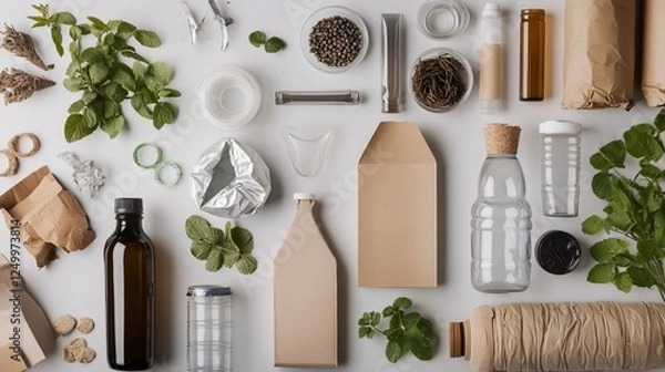 Fototapeta Assortment of packaging materials and natural elements on a white background