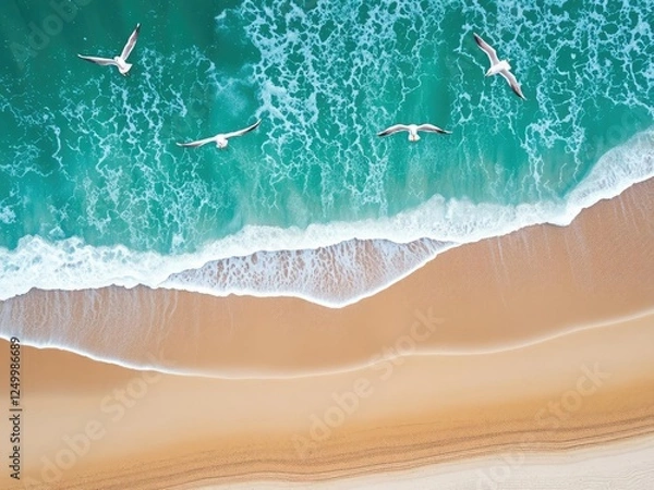 Fototapeta Aerial shot of a sandy beach with ocean waves and seagulls flying overhead, wave patterns, natural scenery