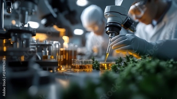 Fototapeta Cannabis Research: Scientists in a Lab Analyze Hemp Extracts Using Advanced Equipment
