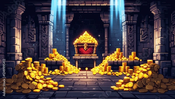 Obraz ピクセルアートの背景。デジタルイラストには、石造りの神殿の宝物庫が描かれており、豪華に装飾された宝箱の周囲に金貨の山があふれている。