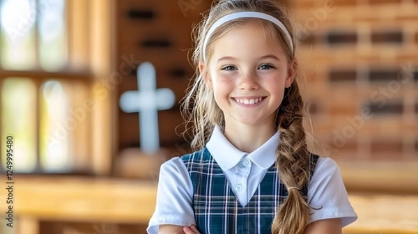 Fototapeta Cheerful young American Catholic school girl wearing a plaid school uniform and headband standing in a classroom with a religious cross visible in the background  She has a friendly