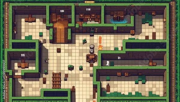 Fototapeta トップダウン ピクセルアート ゲームマップ ダンジョンの部屋、キャラクター、アイテム、障害物