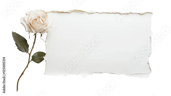 Fototapeta Elegant White Rose with Torn Paper Frame Wedding Invitation Design on transparent background