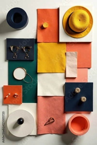 Fototapeta Creative architect's moodboard composition with samples of building materials, textiles, and personal accessories in a flat lay arrangement, abstract patterns, natural textiles, modern designs