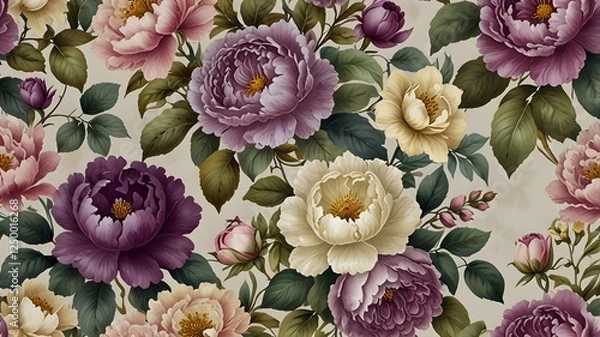 Fototapeta A smooth wallpaper pattern with elaborate floral designs in a range of purple hues. Set on a gentle gradient background, delicate roses, orchids, and peonies entwine with wavy vines and foliage. The w