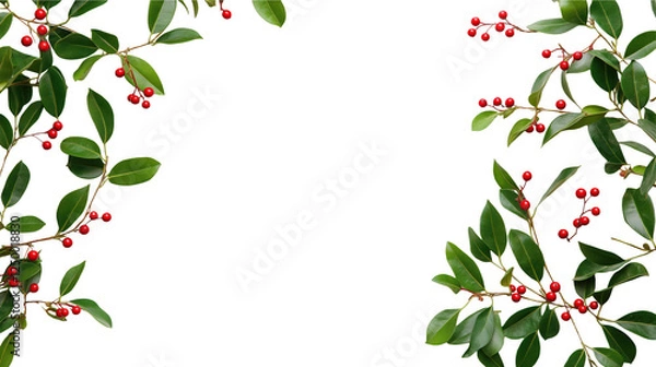Fototapeta Festive Red Berries and Green Leaves Frame on transparent background