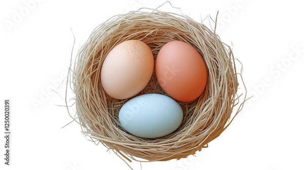 Fototapeta Three pastel colored eggs in a birds nest on transparent background