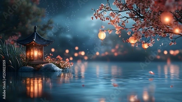 Fototapeta Serene and tranquil night scene at a lakeside with glowing cherry blossom lanterns floating on the calm water surface surrounded by the delicate pink blossoms of a cherry tree