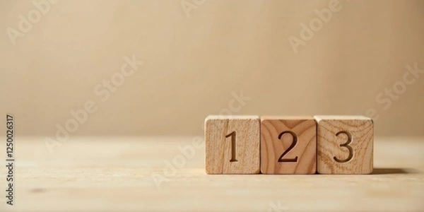 Fototapeta Simple Wooden Blocks Displaying Sequential Numbers One Two Three on a Light Brown Surface