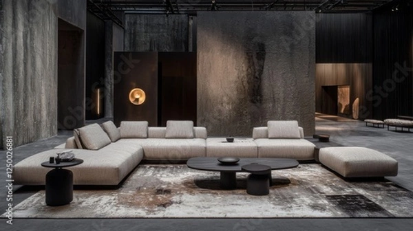 Obraz A minimalist modern living room with a large L-shaped sofa, subtle lighting, and an abstract rug. --chaos 20 --ar 16:9 --quality 2 --v 6.1 Job ID: 02ac7e78-f88a-49e8-afd9-1b716fb00948