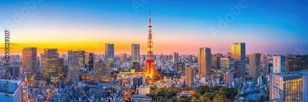 Obraz Tokyo Skyline Sunset Featuring Iconic Tower