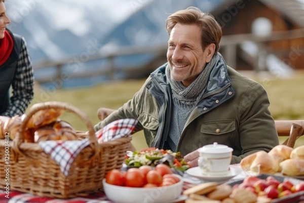 Fototapeta A joyful man enjoys a picnic with delicious food amidst a scenic mountainous backdrop, creating a warm, inviting atmosphere.