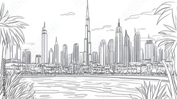 Obraz Dubai skyline sketch, waterfront view, palm trees, tourism brochure