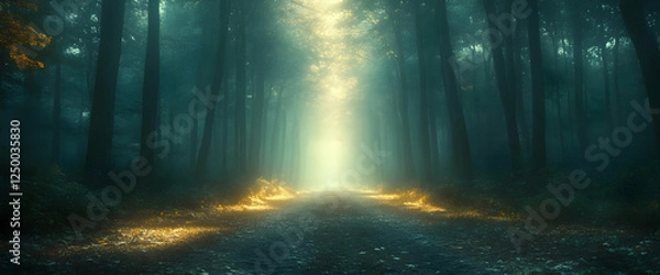 Fototapeta Glowing Path In Dark Forest