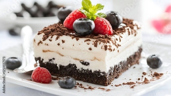 Fototapeta Delicious Chocolate Cake with Berries Garnished and Whipped Cream on Plate : Generative AI