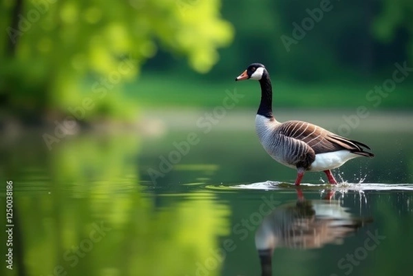 Obraz Grey goose walks by lake, vibrant greenery mirrored, riparian, vegetation, avian