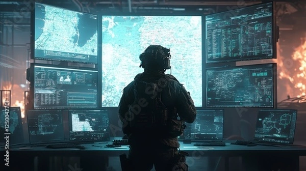 Fototapeta a soldier connected to a global network