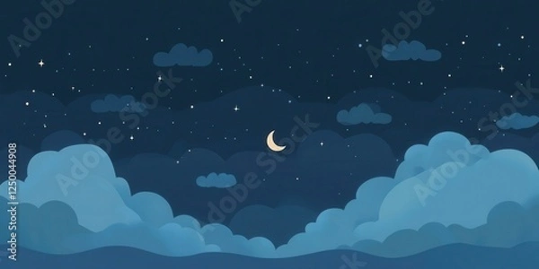 Fototapeta Serene Night Sky with Crescent Moon and Fluffy Clouds