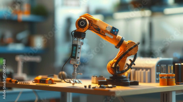 Fototapeta Industrial robotic arm working on a prototype in a modern engineering lab environment