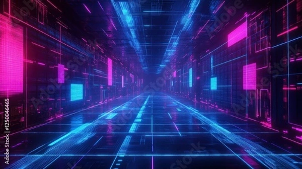 Fototapeta Abstract futuristic cyberpunk gaming background with digital retro glowing blue and purple neon lines wallpaper AI generated image