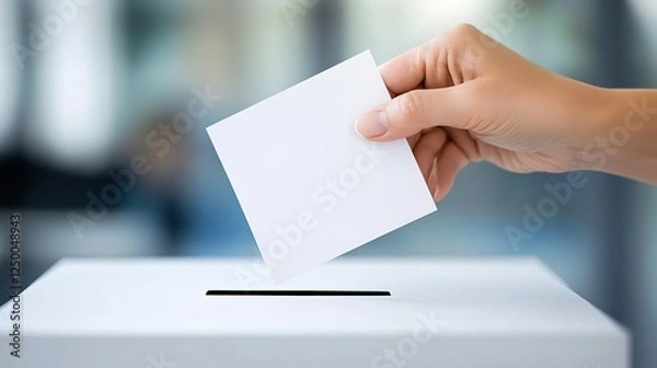 Fototapeta Hand placing a blank ballot into a modern voting box symbolizing civic duty and democratic participation : Generative AI