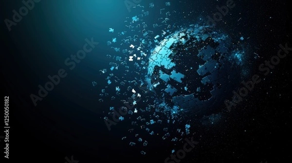 Fototapeta A digital representation of Earth disintegrating into fragments against a dark background, symbolizing technological change and environmental concerns.
