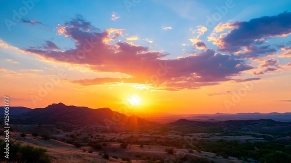 Fototapeta Breathtaking Sunset Over Lush Mountains with Dramatic Clouds and Vibrant Colors : Generative AI