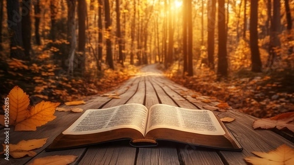 Fototapeta Open book autumn forest path sunset reading