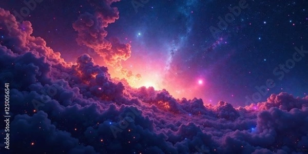 Fototapeta Celestial Cloudscape A Dreamlike Vista of Illuminated Clouds and Sparkling Stars in a Vibrant Nightscape