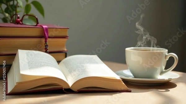 Fototapeta A Serene Moment Open Book, Stack of Books, and a Steaming Cup of Coffee on a Table in Soft Sunlight