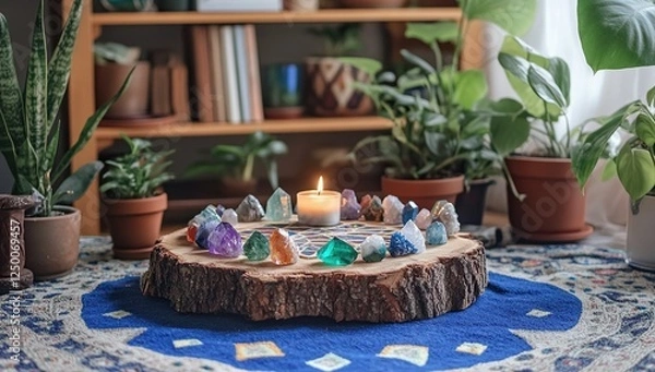 Fototapeta Crystals Arranged on Wooden Slice with Candle, Creating a Serene Atmosphere for Meditation and Relaxation in a Home Setting.