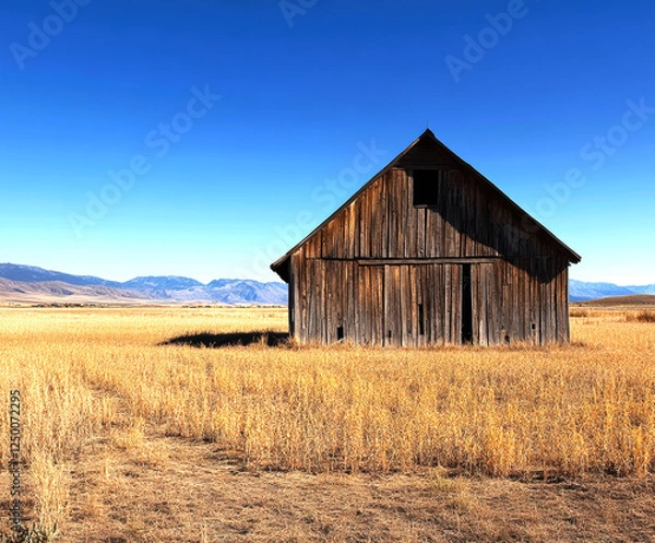 Fototapeta This tranquil landscape features a weathered barn surrounded by golden fields and majestic mountains, showcasing the beauty of rural simplicity under a clear blue sky.