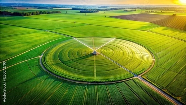 Fototapeta Aerial drone view:  a lush green farm, irrigated by a pivoting sprinkler, bokeh blurring the edges.