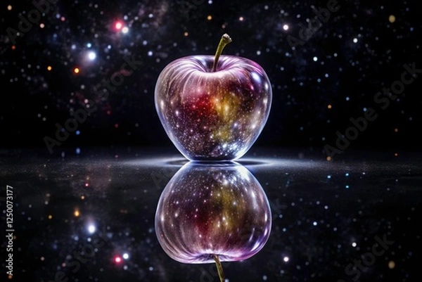 Fototapeta A gleaming crystal apple, cosmically reflected, dominates a dark, geometric space. Elegant, modern, and luxurious 4K digital art.