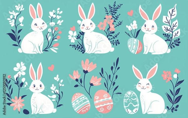 Fototapeta Elegant White Easter Bunnies with Decorative Eggs and Floral Elements on a Teal Background