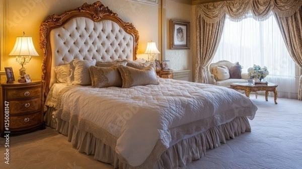 Fototapeta A beautifully appointed European bed with a luxurious headboard and soft bedding, set in a clean, spacious bedroom with soft natural lighting.