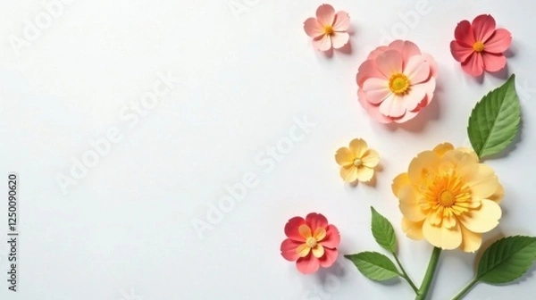 Fototapeta Delicate Paper Flowers Arranged on a White Background, Creating a Serene and Elegant Floral Composition with Soft Pastel Hues