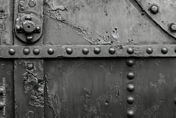 Fototapeta Weathered metal surface with bolts and textures in gray. AI generated