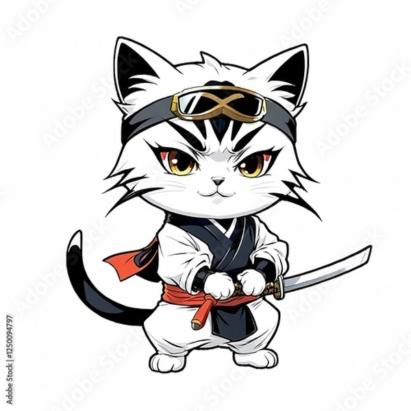 Obraz cute chibi white cat ninja with sword and black mask sticker