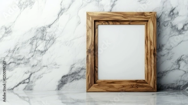 Fototapeta Elegant wooden picture frame leaning against a white wall on a marble surface, spacious copy space.