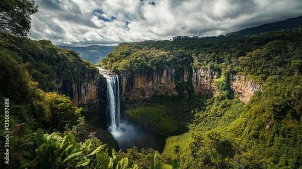 Fototapeta Majestic waterfall cascading into lush rainforest valley