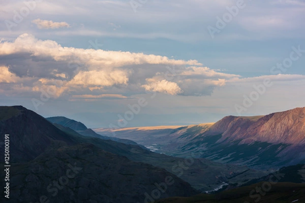 Fototapeta Dramatic aerial top view to golden steppe illuminated by setting sun and mountain range silhouette under clouds in gold sunset tones. Evening alpine landscape under cloudy sky in vivid sunset color.