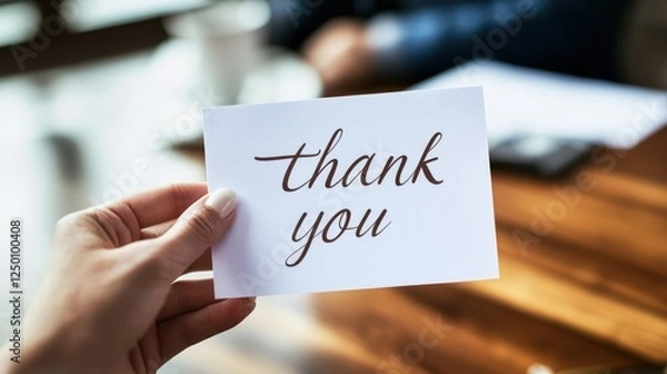 Obraz A handwritten "thank you" note being placed on a table.