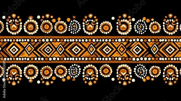 Fototapeta Aboriginal art border, orange and white pattern, black background, textile design