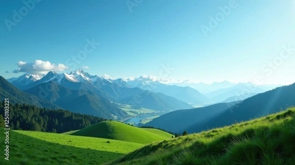 Fototapeta Serene Mountain Vista Rolling Green Hills Under a Vast, Azure Sky with Snow-Capped Peaks in the Distance