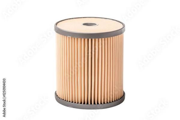 Fototapeta A cylindrical air filter with pleated design, showcasing its detailed structure against a white isolate background.