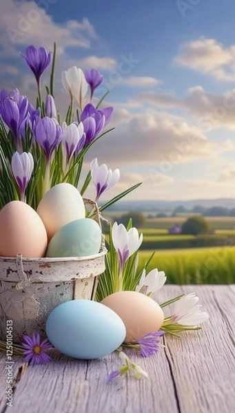 Fototapeta Rustic pot with eggs surrounded by fresh crocuses in a garden setting, Easter, Nature, Floral, Spring
