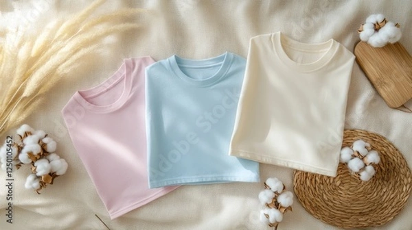 Fototapeta Neatly folded pastel T-shirts on a linen surface, arranged in a stylish flat lay