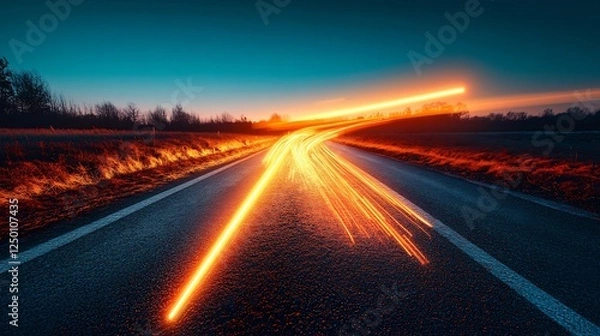Fototapeta Dynamic light streaks paint vibrant orange across a dark country road at twilight. AI Generated