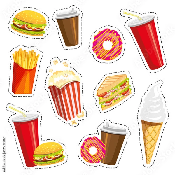 Obraz Set of colorful cartoon fast food icons on white background. Isolated vector illustration. Fashion patch, badges, stickers, pins, quirky. 80s-90s style. Trend. Vector illustration isolated. Eps 10.